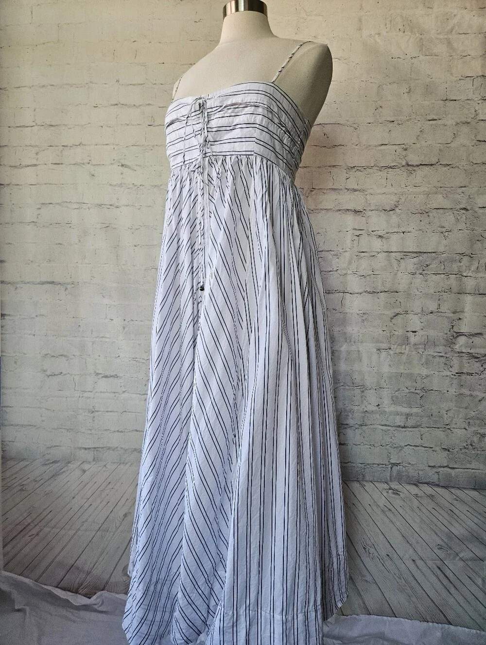 Free People Easy Breezy Midi Dress White Navy Blue Stripe Cotton Large - Picture 4 of 16